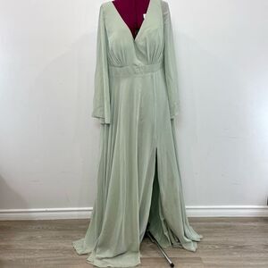 JJs House A-line V-Neck Chiffon Bridesmaid Dress Bell Sleeves Slit Sage 14/16